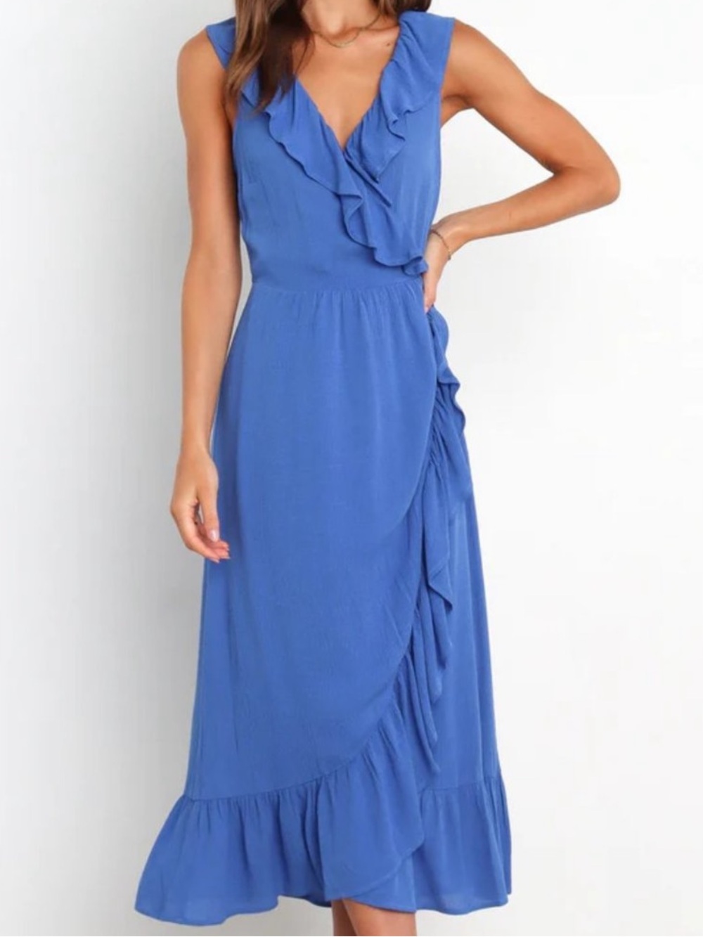 Petal & Pup Cobalt Blue Ruffle Wrap Midi Dress